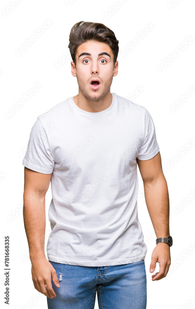 Young handsome man wearing white t-shirt over isolated background afraid and shocked with surprise expression, fear and excited face. Young handsome man wearing white t-shirt over isolated background afraid and shocked with surprise expression, fear and excited face.