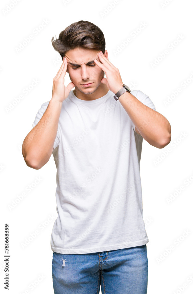 Young handsome man wearing white t-shirt over isolated background with hand on head for pain in head because stress. Suffering migraine. Young handsome man wearing white t-shirt over isolated background with hand on head for pain in head because stress. Suffering migraine.