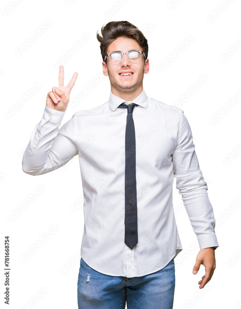Young business man wearing glasses over isolated background showing and pointing up with fingers number two while smiling confident and happy. Young business man wearing glasses over isolated background showing and pointing up with fingers number two while smiling confident and happy.