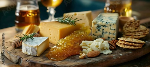 A classic cheese platter adorned with an assortment of artisanal cheeses, accompanied by honeycomb, nuts, and crisp crackers, on a polished wooden board