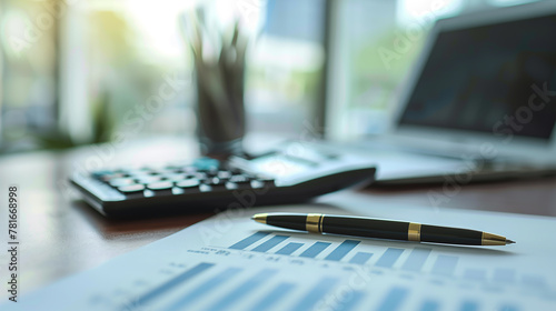 A calculator, pen, and financial documents arranged neatly on a desk 