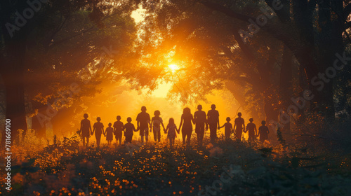 community large family in the park. a large group of people holding hands walking silhouette on nature sunset in the park. big family kid dream concept. people in the park. large sunlight family.