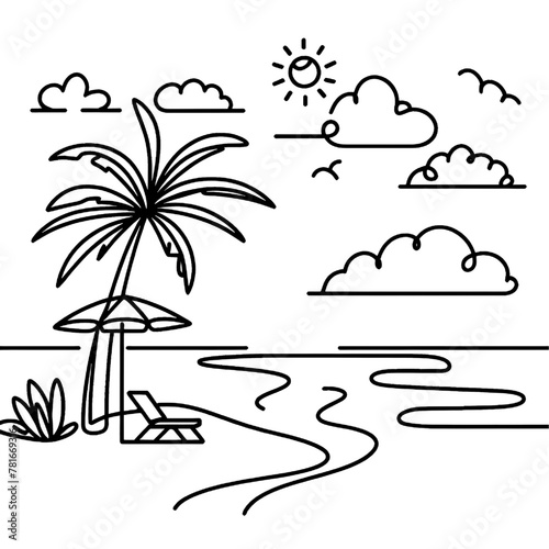 One continuous line drawing of beach with palm tree. Abstract tropical landscape with sea and clouds in simple linear style. isolated on white background