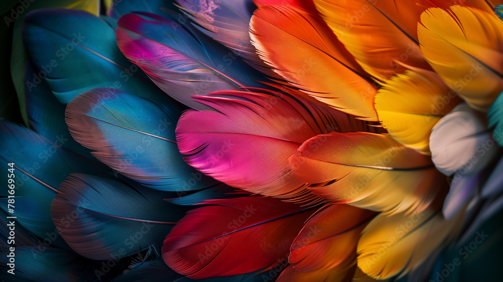 Close-up of multicolored feathers arranged in circular pattern, visually striking abstract composition Close-up of multicolored feathers arranged in circular pattern, visually striking abstract composition