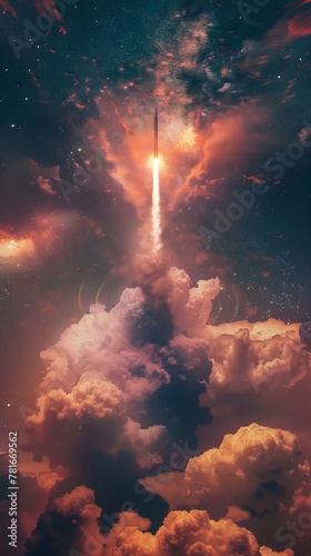 Space exploration launch  rocket piercing the sky  humanity reaching for the stars.
