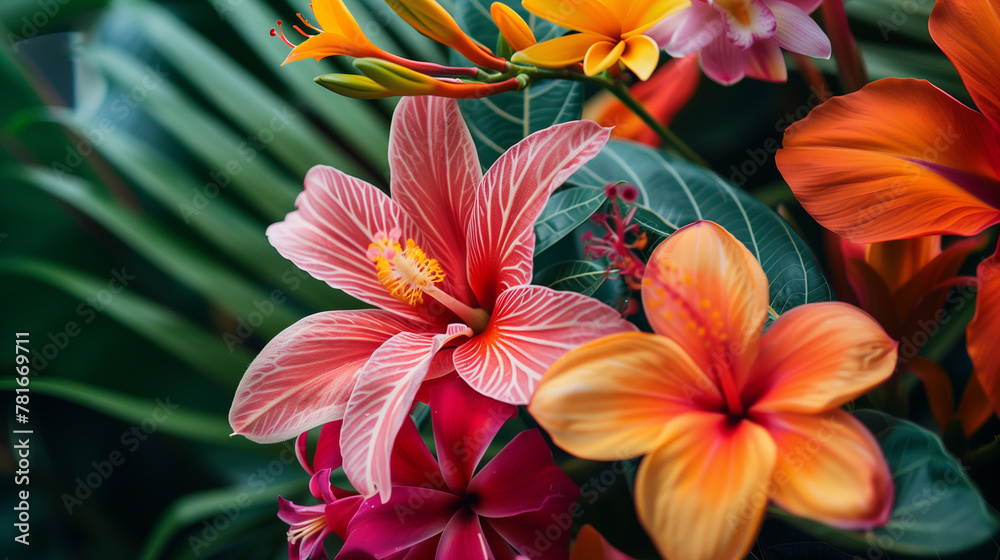 Fototapeta premium close-up of vibrant tropical flowers, showcasing intricate patterns and vivid hues