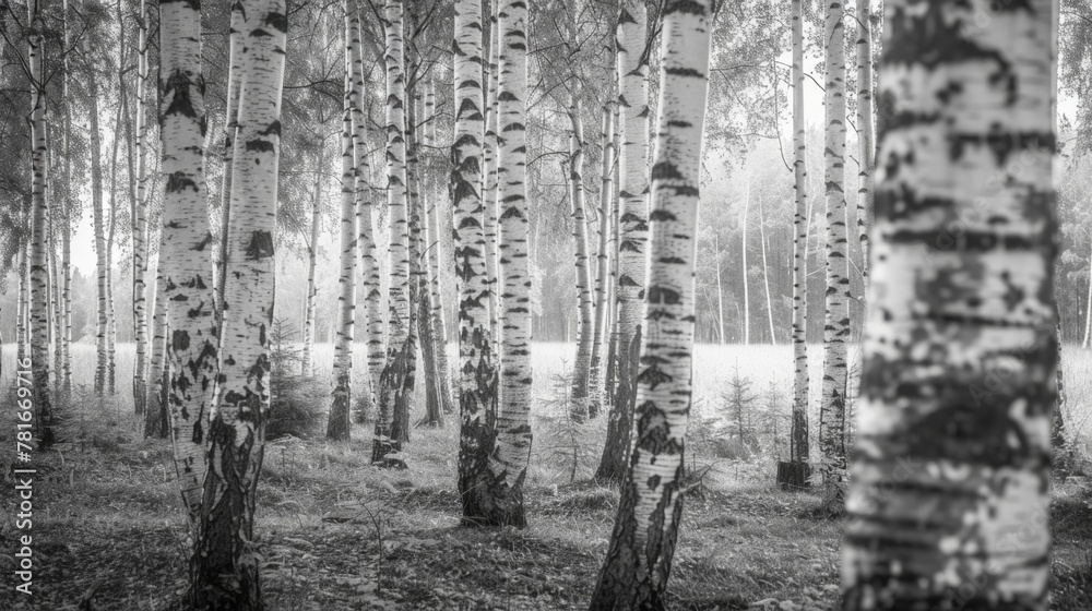 A monochrome forest landscape with trees and grass