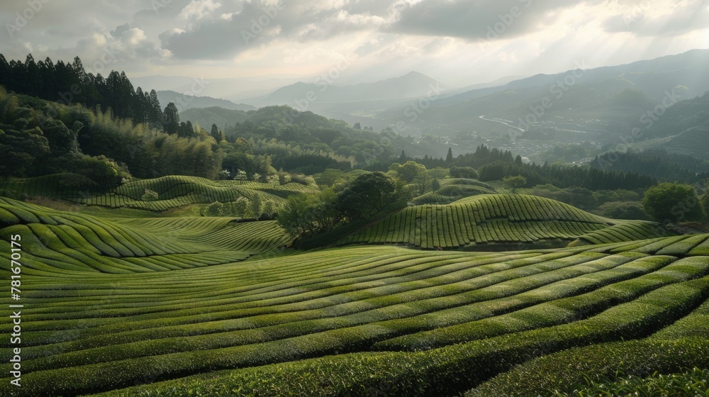 Tea plantation in mountain under cloudy sky