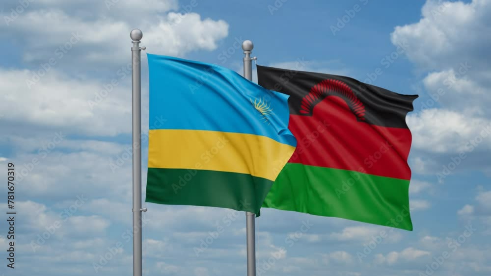 Malawi and Rwanda two flags waving together, looped video, two country relations concept