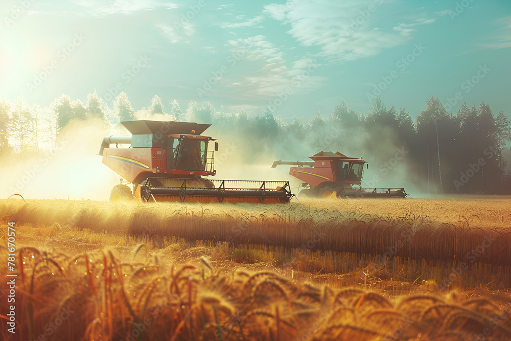 Obraz premium Harvesters work in the field harvesting wheat. Agricultural industry.