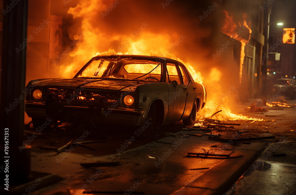 a burn car by the side of the street, ai generative a burn car by the side of the street, ai generative