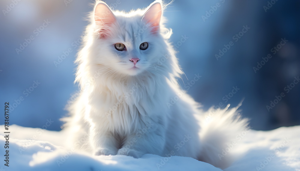 a cat sits on a snowy ground, ai generative