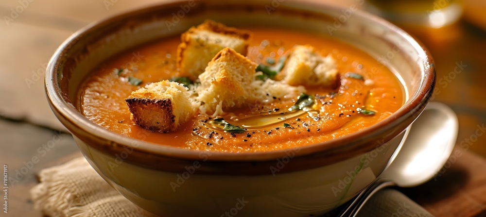 A close-up of a bowl of creamy tomato soup, garnished with a swirl of basil-infused oil and croutons, presented in a modern porcelain bowl A close-up of a bowl of creamy tomato soup, garnished with a swirl of basil-infused oil and croutons, presented in a modern porcelain bowl