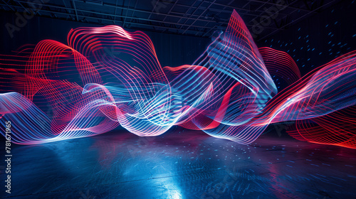 Light painting techniques creating dynamic patterns and shapes in dark room, high resolution.