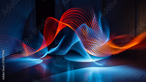 Light painting techniques creating dynamic patterns and shapes in dark room, high resolution.