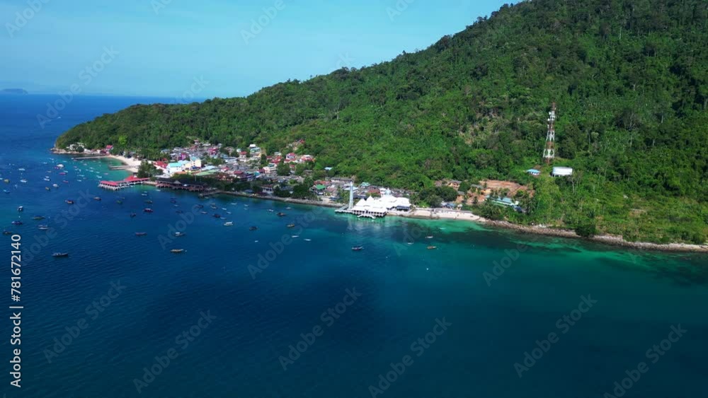 coastal village and floating mosque. Smooth aerial top view flight drone coastal village and floating mosque. Smooth aerial top view flight drone
