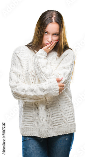 Young beautiful caucasian woman wearing winter sweater over isolated background thinking looking tired and bored with depression problems with crossed arms.