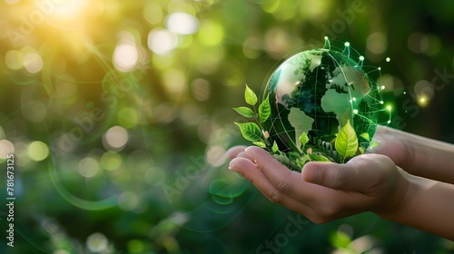 Sustainable environment concept. The image shows hands holding the world towards preserving nature, reducing carbon footprint and building a sustainable urban community for a green future. photo