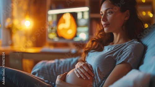 Pregnant woman at the ultrasound, anticipation and joy as expectant mothers experience the magical moment of seeing their baby's image for the first time through ultrasound technology. photo