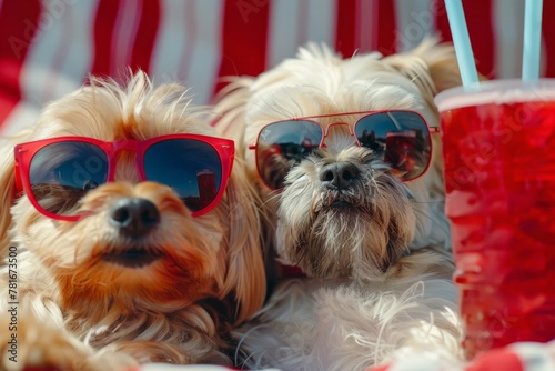 Two playful dogs enjoying a refreshing summer drink and sporting stylish sunglasses © Yevhen