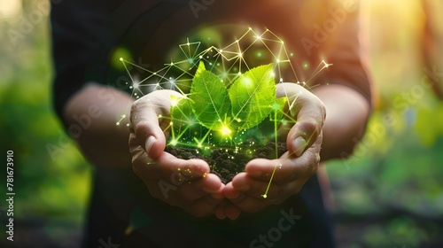 Sustainable environment concept. The image shows hands holding the world towards preserving nature, reducing carbon footprint and building a sustainable urban community for a green future. photo