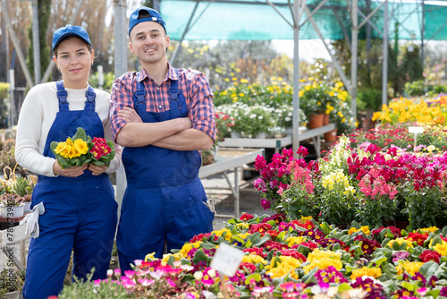 In landscaping store, garden center male and female workers in overalls stands in sales area near section with potted flowers primula. Man and girl employees of retail chain, indoor plants