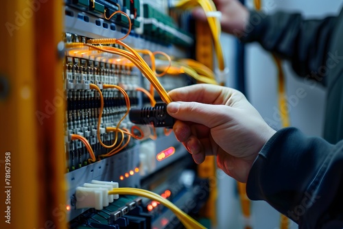 A fibre optic connector is opened by an internet technician in order to maintain or repair a fibre optic connection. photo