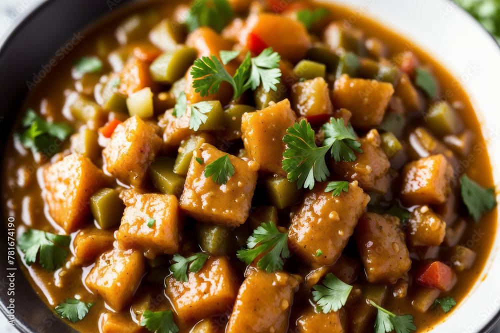 Detailed close-up of vegan gumbo served over a bed of rice, focusing on the steam and the colorful mix of ingredients. AI generated. Detailed close-up of vegan gumbo served over a bed of rice, focusing on the steam and the colorful mix of ingredients. AI generated.