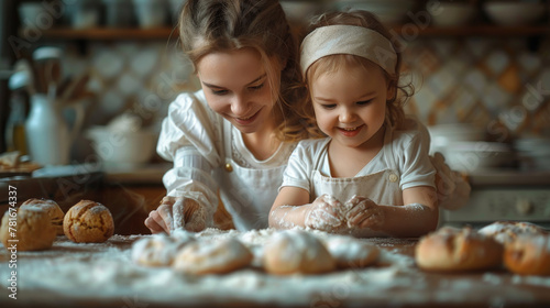 Cooking homemade cakes. Happy loving family are preparing bakery together. Mother and child daughter girl are cooking cookies and having fun in the kitchen. Roll the dough.