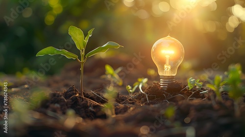 Idea of renewable energy and energy saving. Energy saving light bulb and tree growing on the ground on bokeh nature background. Saving, accounting and financial concept