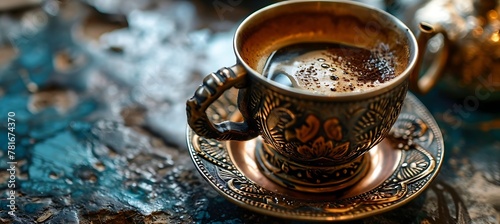 A Captivating Close-Up Unveiling the Rich Aroma and Intricate Details of a Brimming Cup of Authentic Turkish Coffee, Embodied in Timeless Elegance and Cultural Heritage photo