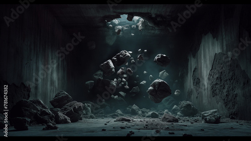 Mystery dark room with a hole in the ceiling and falling rocks