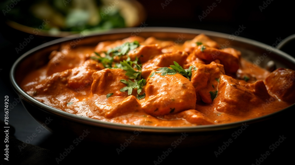 wide top view background food image, butter masala chicken and boiled white rice, Indian traditional food recipe banner image in black color table wide top view background food image, butter masala chicken and boiled white rice, Indian traditional food recipe banner image in black color table
