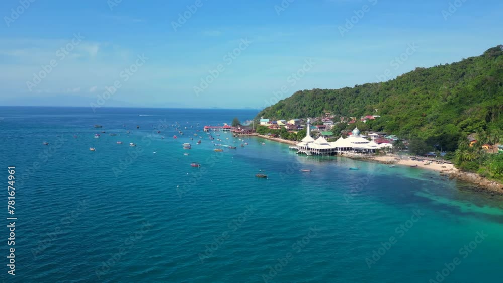 coastal village and floating mosque. Gorgeous aerial top view flight drone coastal village and floating mosque. Gorgeous aerial top view flight drone
