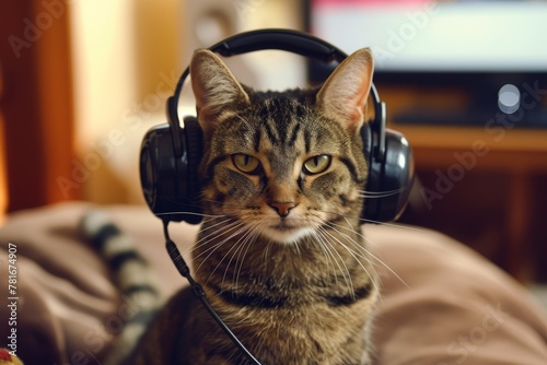 Cat with headphones by the TV © InfiniteStudio