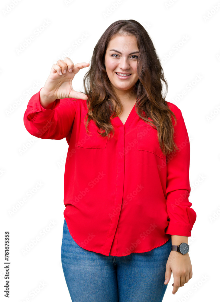 Beautiful plus size young business woman over isolated background smiling and confident gesturing with hand doing size sign with fingers while looking and the camera. Measure concept. Beautiful plus size young business woman over isolated background smiling and confident gesturing with hand doing size sign with fingers while looking and the camera. Measure concept.