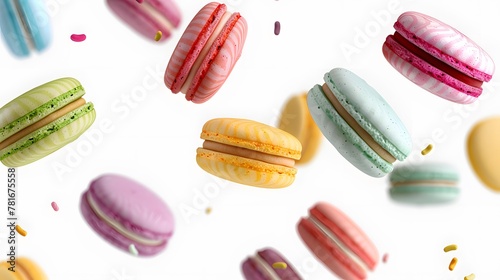 Various colorful of macarons floating on the air isolated on clean png background, Desserts sweet cake concept