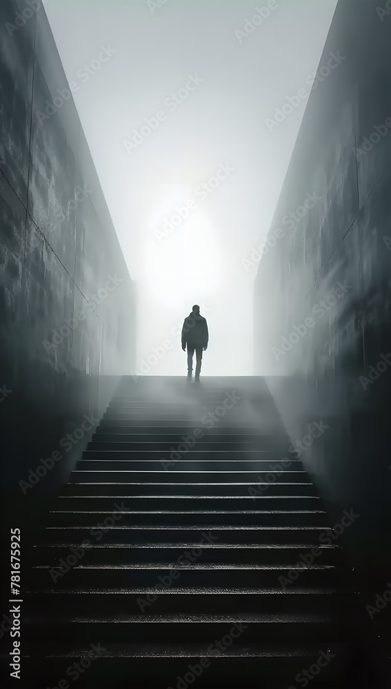 man climbing stairs into unknown , Road to discovery concept , An unknown and lost future