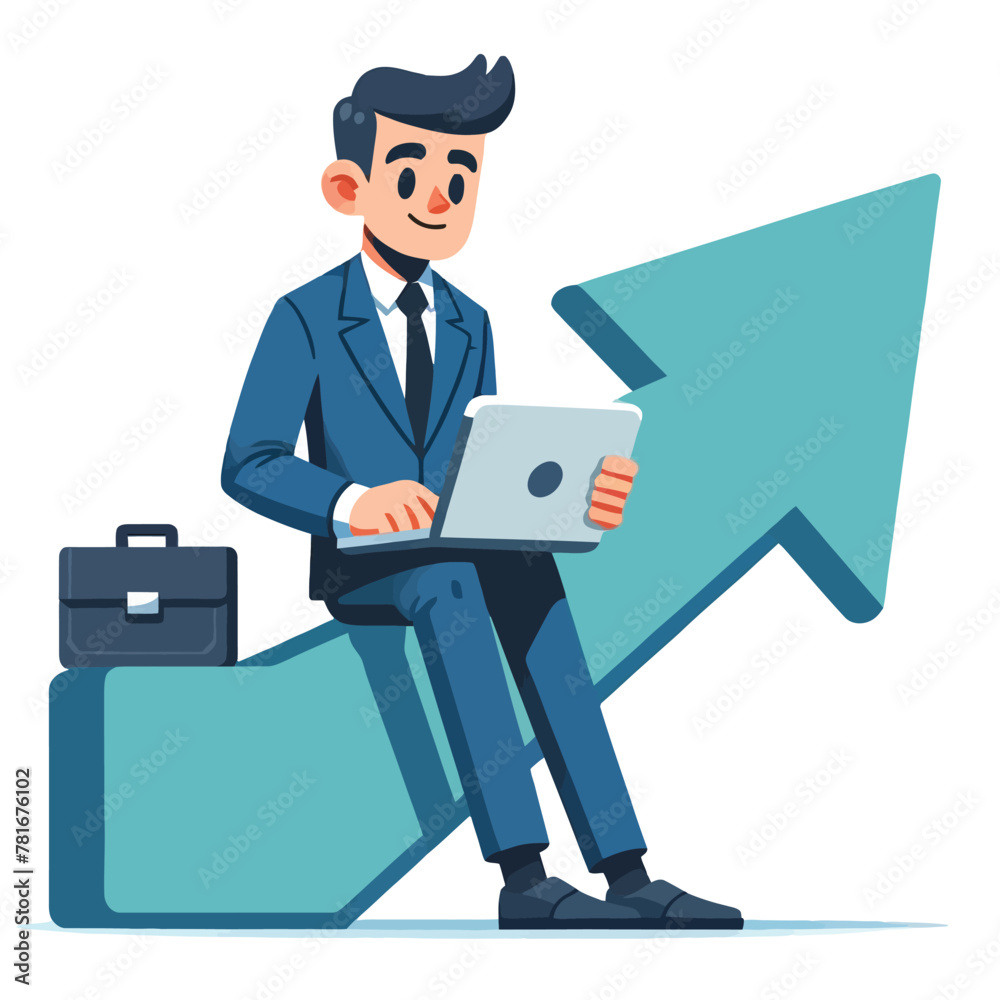 Growing business, business man with upward arrow in a flat design illustration Growing business, business man with upward arrow in a flat design illustration