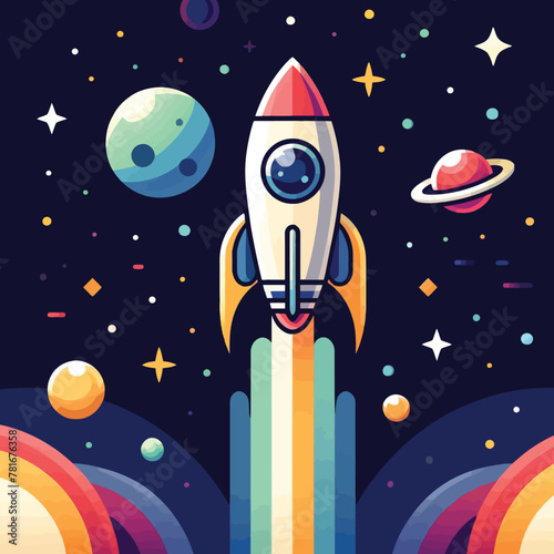 cartoon rocket flight in space with colorful stars and planets