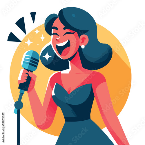 Cartoon of a woman singing joyfully with microphone in a flat design style