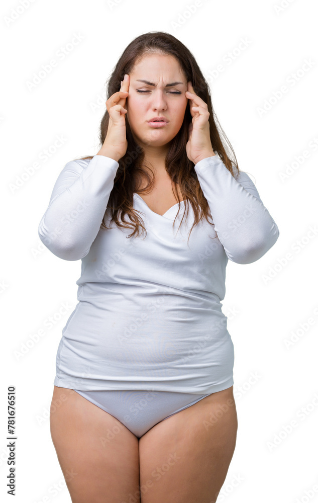 Beautiful plus size young overwight woman wearing white underwear over isolated background with hand on head for pain in head because stress. Suffering migraine. Beautiful plus size young overwight woman wearing white underwear over isolated background with hand on head for pain in head because stress. Suffering migraine.