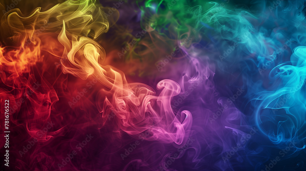 rainbow-colored smoke swirling against dark backdrop rainbow-colored smoke swirling against dark backdrop