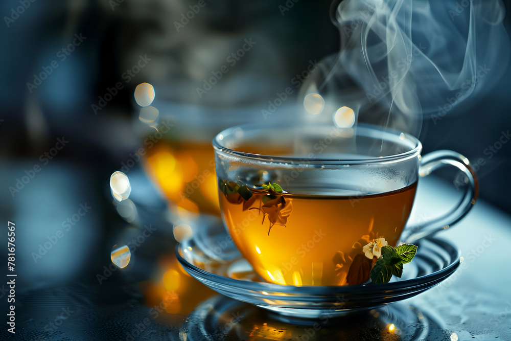 Herbal tea in a clear cup with steam and bokeh lights. Herbal tea in a clear cup with steam and bokeh lights.