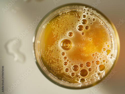 Top view of golden kombucha tea with bubbles.