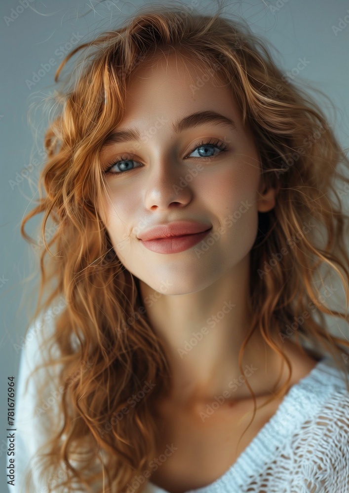 Naklejka premium Radiant Young Woman with Curly Hair and Blue Eyes Portrait