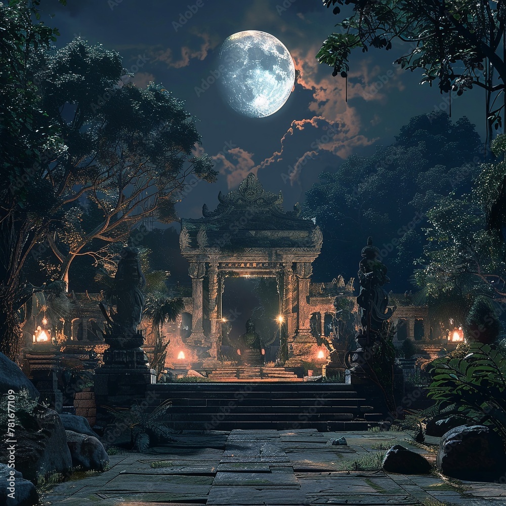 Obraz premium A place of solitude and wonder, where ancient deities dwell and the moonlight sings its secrets