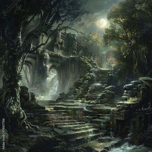 A place of solitude and wonder, where ancient deities dwell and the moonlight sings its secrets