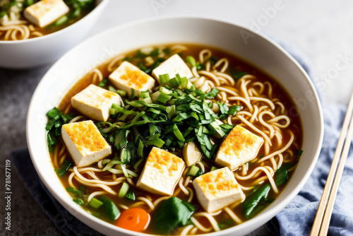Close-up of vegan ramen in a steaming bowl, featuring soft tofu, fresh vegetables, and a rich, savory broth. AI generated.