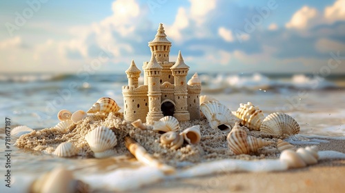 Constructing a majestic sandcastle on the shore, using shells and driftwood to enhance its beauty
